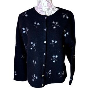 Black Wool Embroidered Floral Button Up Cardigan Sweater L MARISA CHRISTINA